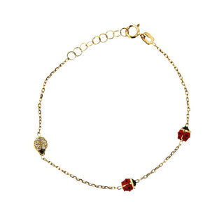 18K Solid Yellow Gold Red Enamel and Zirconia Lady Bug Bracelet , Amalia Jewelry