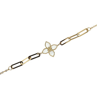 18K Solid Yellow Gold Mother of Pearl Flower and Paper Clip Links Bracelet.