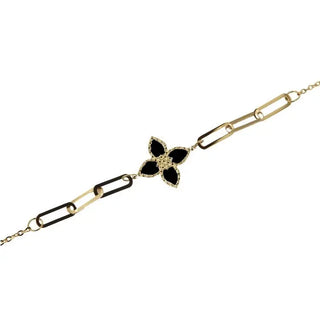 18K Gold Mother of Pearl or Onyx Flower Paper Clip Bracelet - Amalia J & Boutique