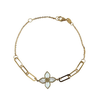 18K Solid Yellow Gold Mother of Pearl Flower and Paper Clip Links Bracelet.