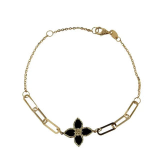 18K Gold Mother of Pearl or Onyx Flower Paper Clip Bracelet - Amalia J & Boutique