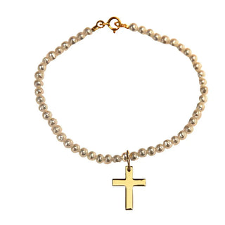 18K Solid Yellow Gold Dangle Polished Cross Pearls Bracelet