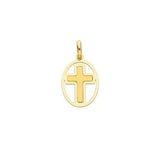 18K Solid Yellow Gold Oval open Cross Medal Pendant