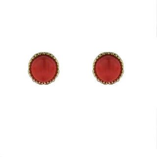 18k Solid Yellow Gold Coral Bezel Covered Screwback Earrings , Amalia Jewelry