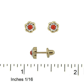 18K Solid Yellow Gold Center Coral Bead and Zirconia Flower Covered Screwback Earrings Amalia Jewelry