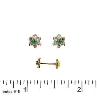 18K Solid Yellow Gold Emerald and Zirconia Small Flower Covered Screwback Earrings , Amalia Jewelry