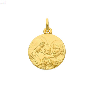 18K Solid Yellow Gold Holy Family Round Medal Pendant