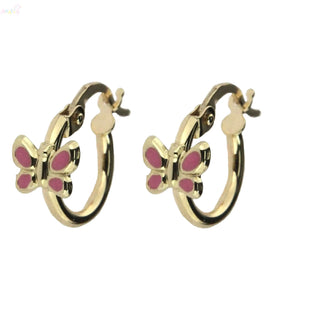 18K Solid Yellow Gold  Pink Enamel Butterfly Hoop Earrings