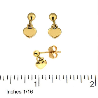  18K Solid Yellow Gold Puffy Hearts Dangle Earrings with ruler