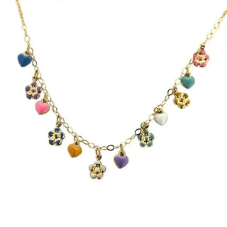 18K Solid Yellow Gold Multi Color Heart and Flower Necklace