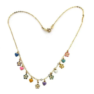 18K Solid Yellow Gold Multi Color Heart and Flower Necklace