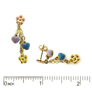 18K Yellow Gold Multi Color Enamel Heart and Flower Earrings (33mm X 5mm)