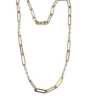 18K Solid Yellow Gold Pearls and Paperclip Link Necklace