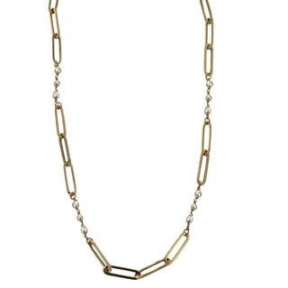 18K Solid Yellow Gold Pearls and Paperclip Link Necklace