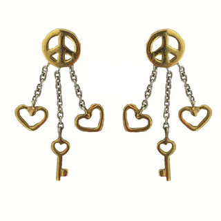 18K Two Tone Solid Gold Peace Sign Dangle Earrings