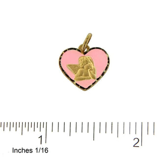 18K Solid Yellow Gold Pink Enamel Angel Heart Medal Pendant