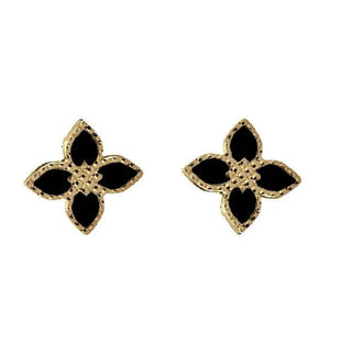 18k Yellow Gold  Black Onyx Flower Post Earrings