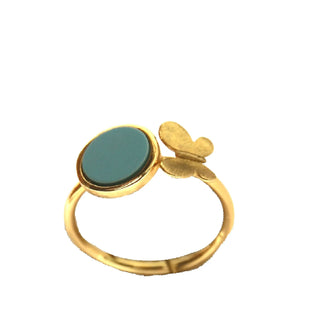 18K Solid Yellow Gold Turquoise and Satin Butterfly Ring