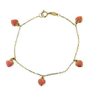 18K Solid Yellow Gold Pink Enamel Heart Charm Bracelet 6 inches , Amalia Jewelry
