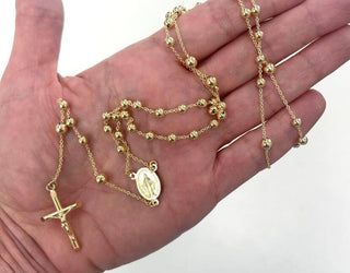 18K Solid Yellow Gold 4mm Beads Rosary Necklace , Amalia Jewelry