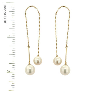 18K Solid Yellow Gold Cultivated Pearls Thread Earrings and ruler