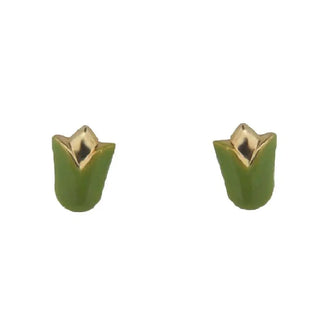 18K Solid Yellow Gold Green Enamel Tulip Flower Covered Screw Back Earrings , Amalia Jewelry