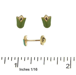 18K Solid Yellow Gold Green Enamel Tulip Flower Covered Screw Back Earrings , Amalia Jewelry