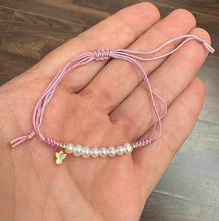 18K Solid Yellow Gold Angel and Pearls Pink Macrame Bracelet