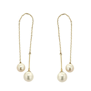 18K Solid Yellow Gold Cultivated Pearls Thread Earrings