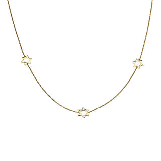 18K Solid Yellow Gold Three Star of David Inline Necklace
