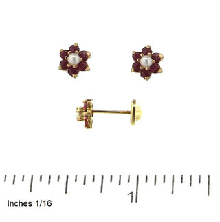 18K Solid Yellow Gold Ruby and Pearl Center Flower Covered Screwback Earrings , Amalia Jewelry