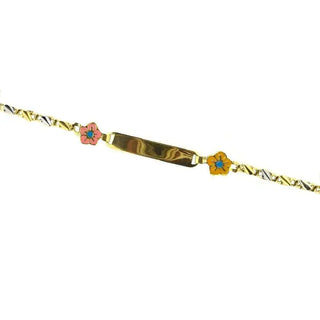 18K Solid Yellow and White Gold Pink and Yellow Enamel Flower ID Bracelet - Amalia J & Boutique