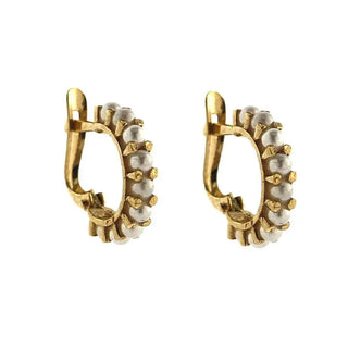 18K Solid Yellow Gold Small Swarovski Crystal Pearls Half Hoop Lever back Earrings , Amalia Jewelry