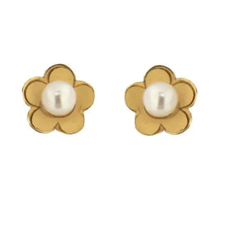 18K Solid Yellow Gold 3mm Pearl Satin Flower covered Screwabck Earrings Amalia Jewelry