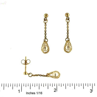 18K Solid Yellow Gold Floating Pearl Dangle Earrings