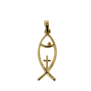 18k Solid Yellow Gold Fish with Cross Pendant