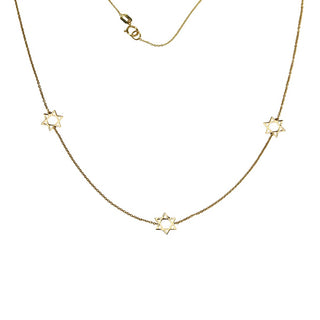 18K Solid Yellow Gold Three Star of David Inline Necklace
