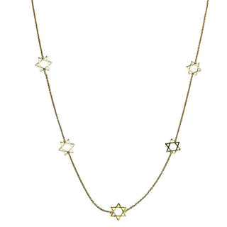 18K Solid Yellow Gold Five Star of David Inline Necklace