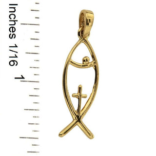 18k Solid Yellow Gold Fish with Cross Pendant with ruler