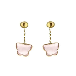 18Kt  Yellow Gold Pink Quartz Butterfly Dangle Post Earrings L 1 inch