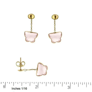 18Kt  Yellow Gold Pink Quartz Butterfly Dangle Post Earrings L 1 inch