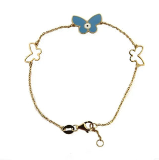 18K Yellow Gold Blue Butterfly Evil Eye 7inch Bracelet