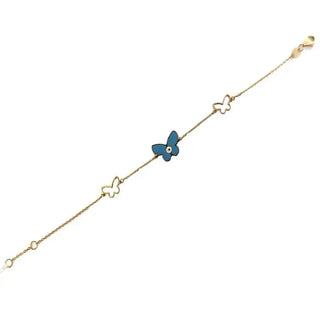 18K Yellow Gold Blue Butterfly Evil Eye 7inch Bracelet