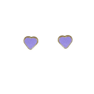 18K Solid Yellow Gold Small Lilac Enamel Heart Covered Screwback Earrings Amalia Jewelry