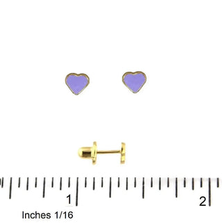18K Solid Yellow Gold Small Lilac Enamel Heart Covered Screwback Earrings Amalia Jewelry