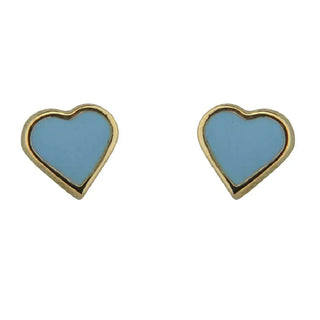 18K Solid Yellow Gold Blue Enamel Heart Covered Screw back Earrings Amalia Jewelry