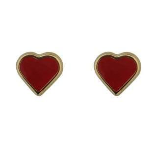 18K Solid Yellow Gold Red Enamel Heart Covered Screw back Earrings 6mm , Amalia Jewelry