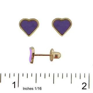 18K Solid Yellow Gold Lilac Enamel Heart Covered Screw back Earrings Amalia Jewelry