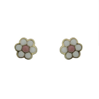 18K Solid Yellow Gold Enamel White Flower with Pink Center Screwback Earrings , Amalia Jewelry