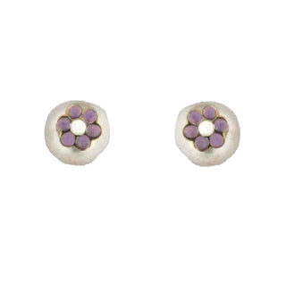 18K Solid Gold Enamel Lilac Flower Pearl Stud Covered Screwback Earrings , Amalia Jewelry